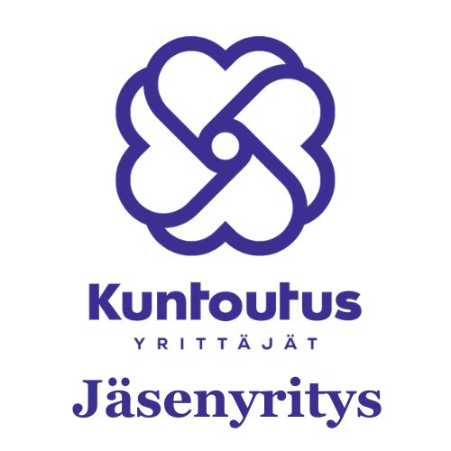 Sininen Kuntoutuksen logo, sydänkuvio ja tekstit Yrittäjät sekä Jäsenyritys valkoisella taustalla.